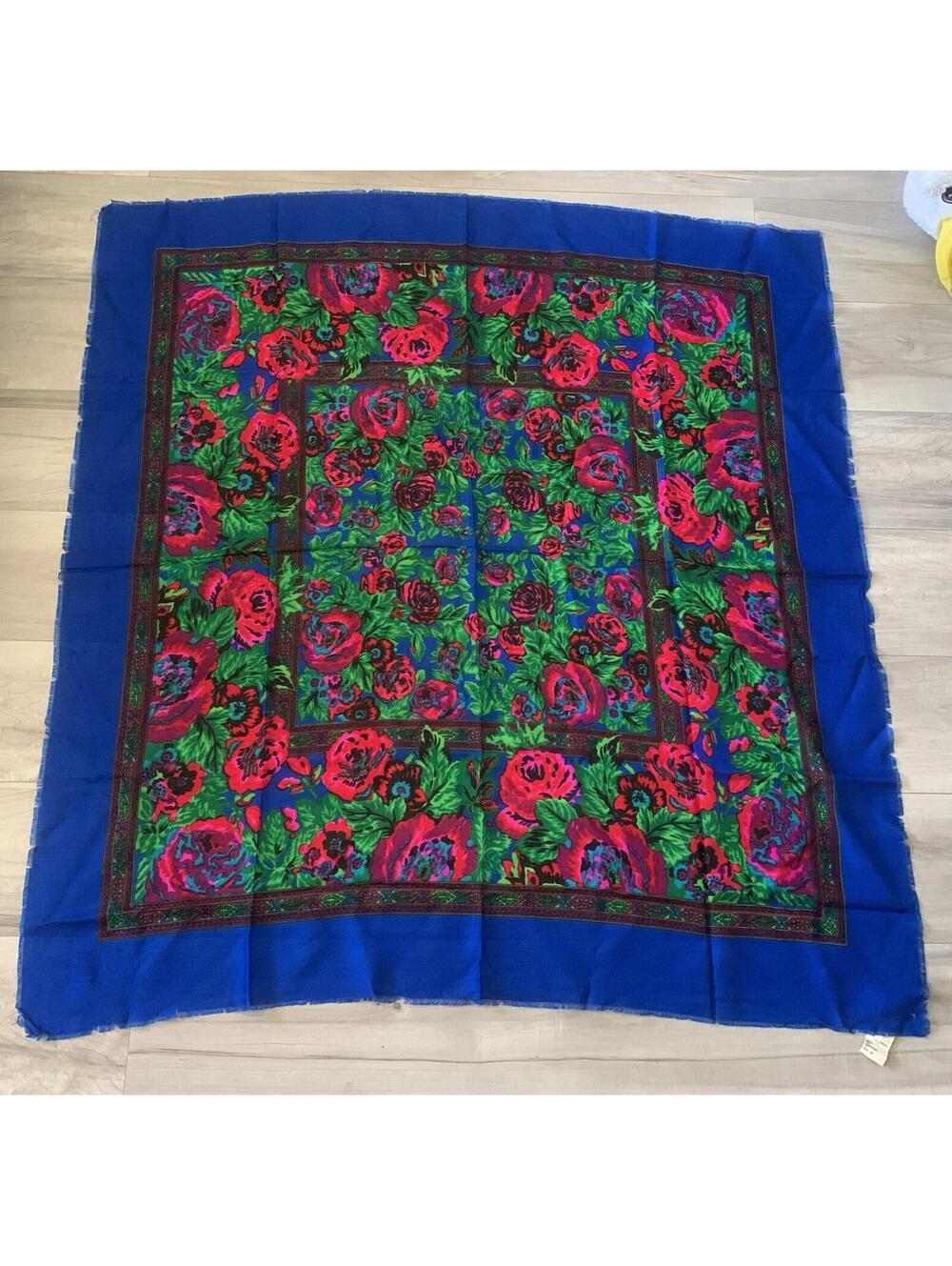 Vintage COLLECTIF  Large 46x48” Vibrant Blue Multicolor Flowers Scarf Japan Nwt